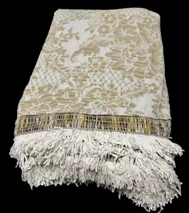 Vintage Handmade Matelasse Bedspread Cream Gold Brown Gray Floral With Fringe - Picture 1 of 15