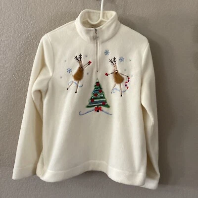 Pulôver feminino veado branco M marfim férias renas lã 1/4 zíper aconchegante festivo - Imagem 1 de 4