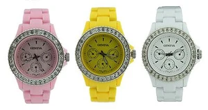 NEW GENEVA RESIN BAND WITH CRYSTALS WATER RESISTANT LADY'S WATCH - Picture 1 of 4
