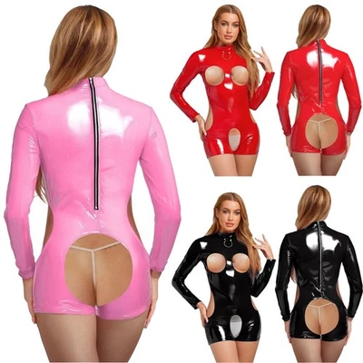 DE Damen Pu Leder Bodysuit Wetlook Stringbody Body Catsuit Dessous Clubwear - Bild 1 von 4