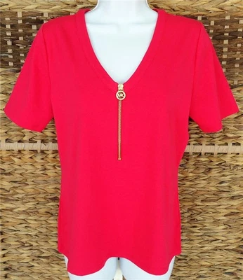 MICHAEL KORS DEEP PINK V-NECK HALF ZIP FRONT SHORT SLEEVE TOP SIZE L NWT $98 - Image 1 of 4