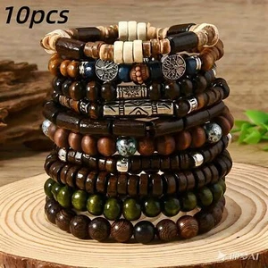10pcs Boho Ethnic Beaded Bracelets Men Vintage Tree Charm Wood Gift Jewelry - Picture 1 of 5