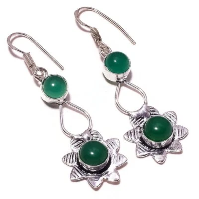 Green Onyx Round Gemstone Silver Overlay Handmade Drop Dangle Flower Earrings - Image 1 of 3