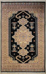 Alfombra negra de diseño caucásico Rugstc 5x8, anudada a mano, geométrica con seda/lana - Imagen 1 de 5