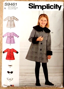 Simplicity S9461 Lined Coat w Back Yoke Pleat, Detachable Collar Sz 3-4-5-6-7-8 - Picture 1 of 11