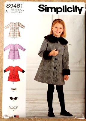 Simplicity S9461 Lined Coat w Back Yoke Pleat, Detachable Collar Sz 3-4-5-6-7-8 - Image 1 of 4