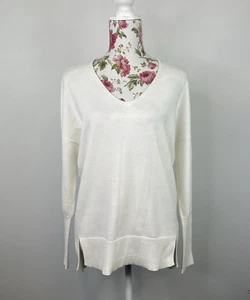 IMONNI women's jumper ivory drop shoulder V-neck split hem cotton Size S/M - Picture 1 of 10