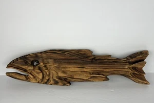 Vtg Carved Wood Salmon Fish Sculpture Burned Cedar Cryptomeria Wall Art 23in - Picture 1 of 19