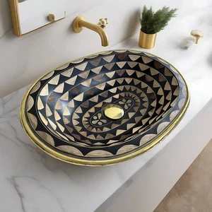 Fregadero de latón ovalado artesanal - Fregadero de baño marroquí | Diseño de patrones geométricos - Imagen 1 de 5