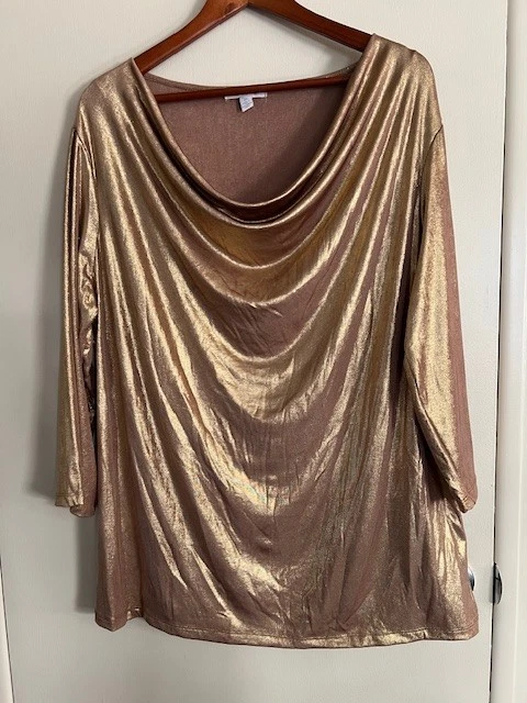 Roz & Ali 衬衫 2X Plus 金色闪亮圆领派对晚会弹力针织上衣 — 第 1/4 张图片