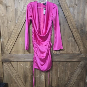 PrettyLittleThing Hot Pink Satin Cowl Neck Ruched Mini Dress Size US 4 NWT - Picture 1 of 7