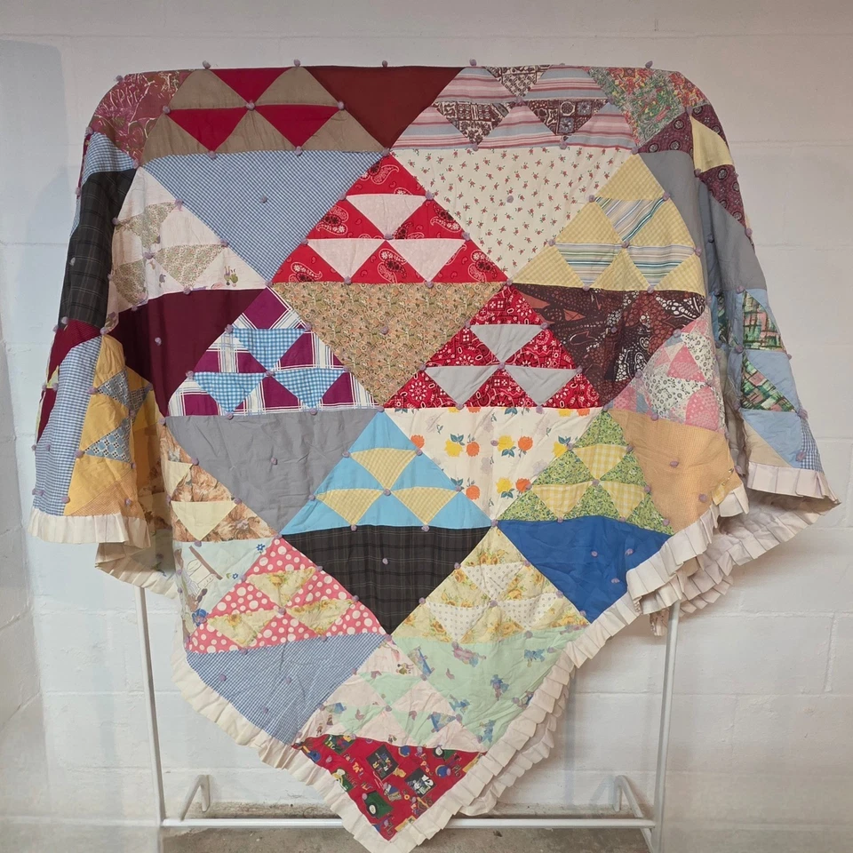 手工双胞胎复古拼布领带被子民间艺术美国几何农舍 — 第 1/4 张图片