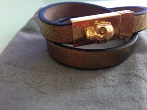 ALEXANDER MCQUEEN Gold Tone Skull Double Wrap Leather Bracelet - Metallic Sugar - Picture 1 of 4
