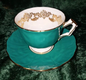 VINTAGE AYNSLEY SIGNIERT GOLD TÜRKIS / TÜRKIS GOLD FILIGRAN TEETASSE & UNTERTASSE - Bild 1 von 5