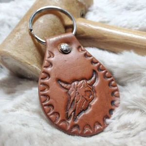 custom tooled bull skull Leather Keychain Handmade western Key chain carved - Picture 1 of 11