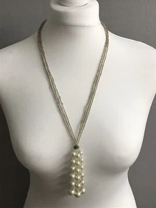 Vintage Beaded Faux Pearl Lariat Necklace Pendant Silver Tone Classic Gatsby - Picture 1 of 12