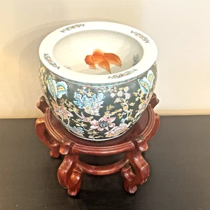 Vintage Asian Floral Porcelain Koi Fish Bowl Planter w Wood Stand Jardiniere Pot - Picture 1 of 23