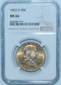 1963 D NGC MS66 Franklin Half Dollar - Picture 1 of 2