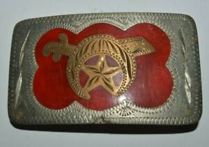 Vintage Aged SHRINERS Silver Plated Western Cowboy RED Inlaid Belt Buckle Rare