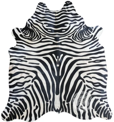 Genuine Cowhide Rug Zebra Black Stripes On Off White - Size 6x7-8' - Image 1 of 4