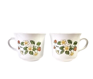 Vintage CORELLE By Corning Strawberry Sundae Floral Flower Flat Cup Mug Set of 2 - Picture 1 of 9