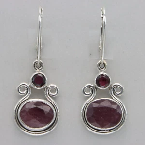 925 Sterling Silver - Red Oval Ruby & Garnet Leverback Drop Earrings Lever back - Picture 1 of 7