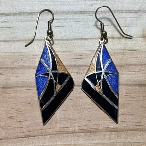 Cloisonne blau schwarz Emaille geometrische Ohrhänger Gold Filled 50er Vintage - Bild 1 von 4