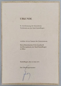 Deutschland, 1973, Jahrgang Brevet / Verleihungsurkunde - Sindelfinger Ehrennadel - Bild 1 von 1