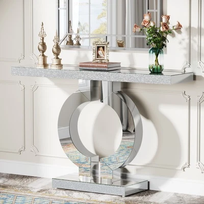 43-Inch Mirrored Console Table with O-Shaped Base, Modern Silver Entryway Table - Image 1 of 4