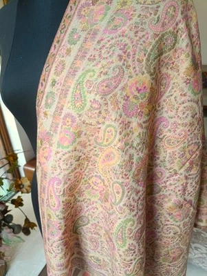 米黄色手工编织 Kani Stole 非常柔软 100% 羊绒帕什米纳佩斯利围巾 — 第 1/4 张图片