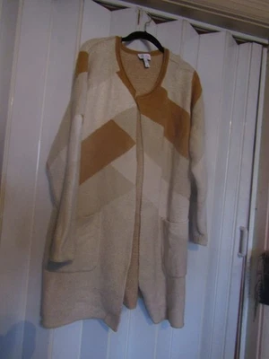 Denim&Co. Long Cardigan Sweater Open Front Pockets Neutral Colors 2XL - Image 1 of 4