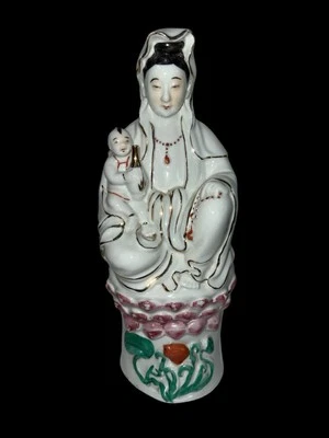 Antigua estatua china de Guan Yin de porcelana rosa familiar 14" T x 5,5" W x 4,5" D Foto 1 de 4