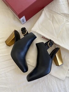 SALVATORE FERRAGAMO BLACK TOVEL SLINGBACK BOOTIE PUMPS MULE HEELS 7 $850 WORN 1X - Picture 1 of 23