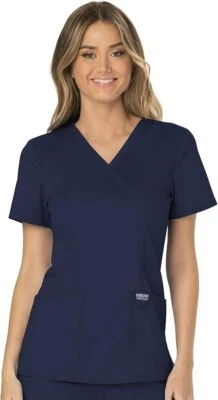 Cherokee Scrubs for Women Mock Wrap Top with 3 Pocket, Back Princess Seams, Navy - Image 1 of 4
