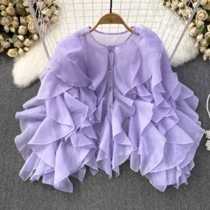 Women Chiffon Ruffles Blouse Shirts Tops Irregular Sheer Puff Sleeve Retro - Picture 1 of 16