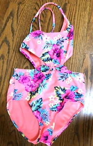 SWIM BATHING One Piece Suit -  SO  Bright Neon Pink Floral  Size 10 - Picture 1 of 1