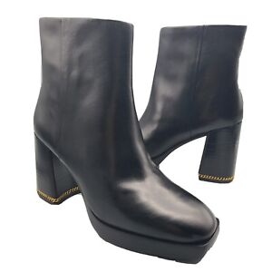 TORY BURCH Women boots Black leather Chain Block Heel Ruby Square Toe sz 7 M new