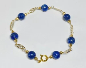 Pulsera de placa de lapislázuli genuino de 8" relleno de oro amarillo de 14 quilates de 8 mm - Imagen 1 de 5