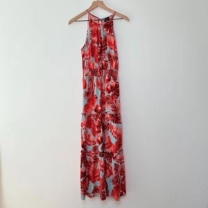 MAISON TARA Maxi Dress Size 12 Halter Tiered Orange Wedding Guest Tropical Vaca - Picture 1 of 12
