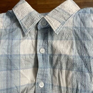 Saddlebred Shirt LARGE Blue White Plaid Seersucker Short Sleeve Pocket Texture - Picture 1 of 4