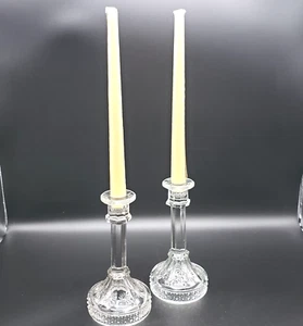 Starburst Pressed Glass Candle Holders Set of 2 Clear Taper 7" Tall Vintage - Picture 1 of 15