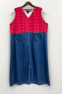 Vintage 90s CST Blues 2X Bandana Print Red Denim Dress Jumper Cotton Y2K USA - Picture 1 of 6