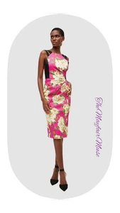 Karen Millen Uk10 Eu38 US6 Satin Pink Floral Wiggle Cocktail Pencil Dress - Picture 1 of 7