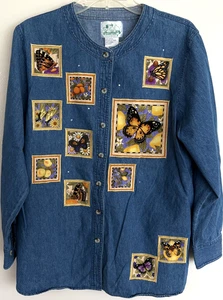 Quacker Factory Jacket Womens Medium Butterfly Patch Embroidered Denim Shirt - Picture 1 of 22