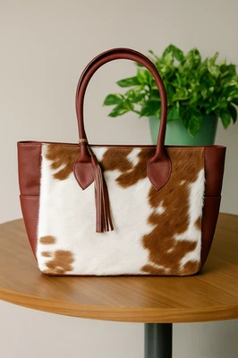Women Cowhide Tote Bag Hair on Cow Hide Shoulder Bag Exotic Fur Bag Leather Tote - Image 1 of 4