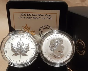 2022 Silver Maple Leaf UltraHigh Relief SML $20 1OZ PureSilver Proof Canada Coin - Foto 1 di 8