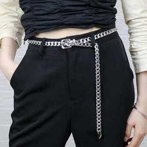 Mujeres Metal Cubano Eslabón Cadena Cinturón Jeans Moda Hebilla Cinturón Plateado Cadena de Cintura - Imagen 1 de 6