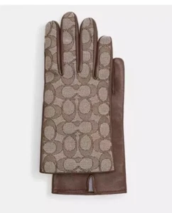 Coach Signature Jacquard And Leather Tech Gloves Oak Brown New Size 6.5 MSRP $90 - Picture 1 of 1