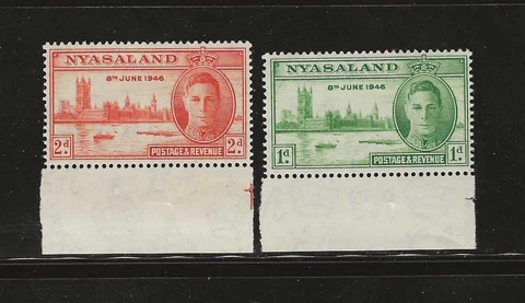 NYASALAND 1946 MNH VICTORY ISSUE - margin singles - Scott 82-83 - C72 Cover