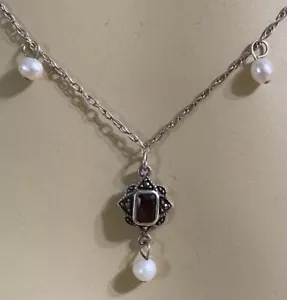 RED GARNET GEM STONE, PEARLS & MARCASITE NECKLACE ~ ANTIQUE - Picture 1 of 5